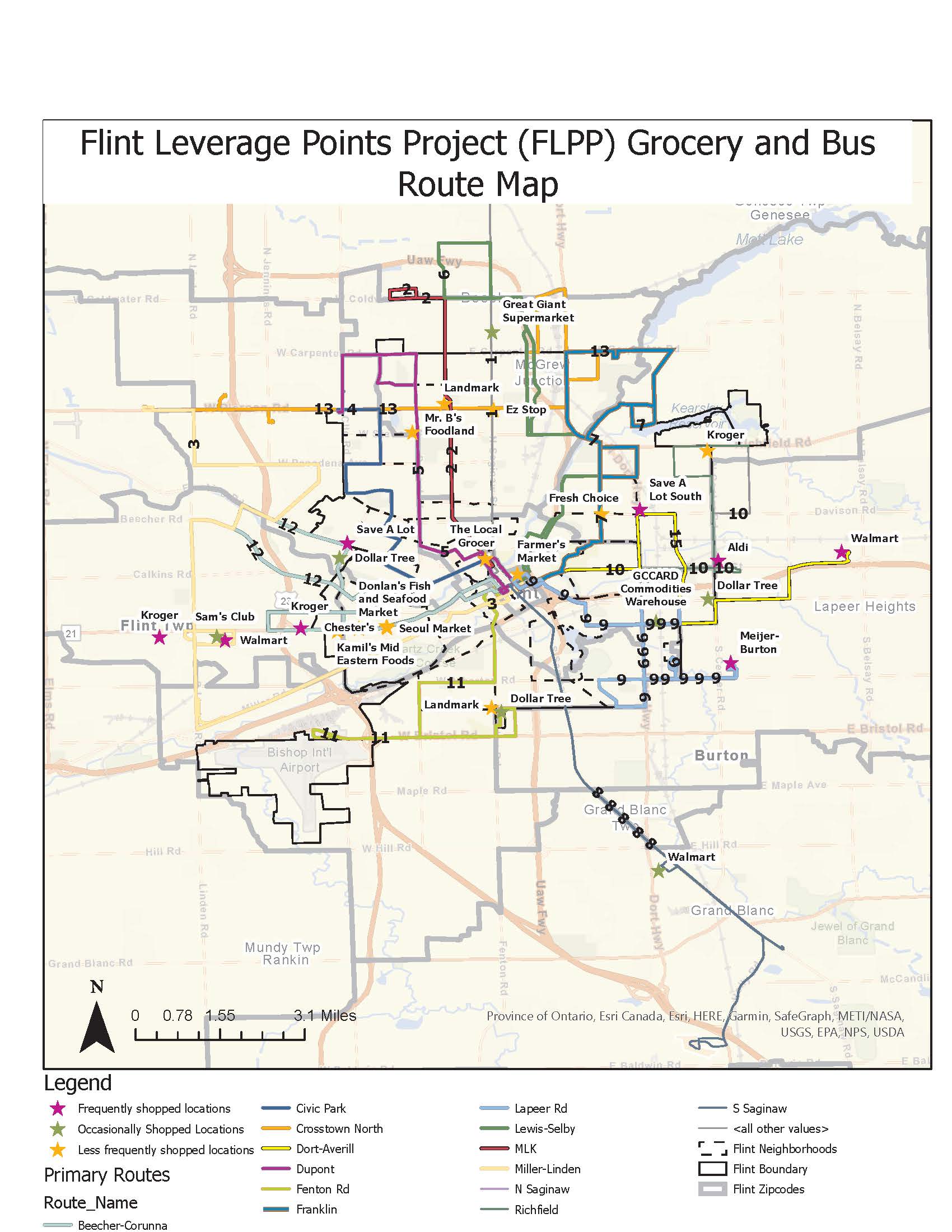 Primary MTA Flint Bus Routes with FLPP Grocery map